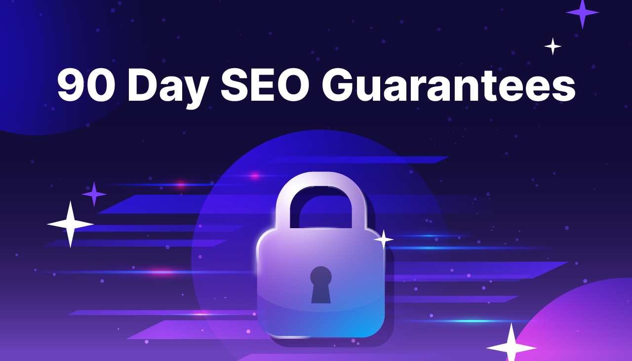 A purple lock on a cool purple gradient background. 90 day Guaranteed SEO - Search Engine Wizards