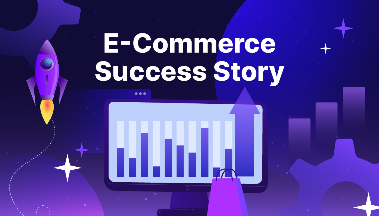 A purple rocket launching and a purple SEO graph on a gradient background - Unveiling Our Small E-commerce SEO Success Story